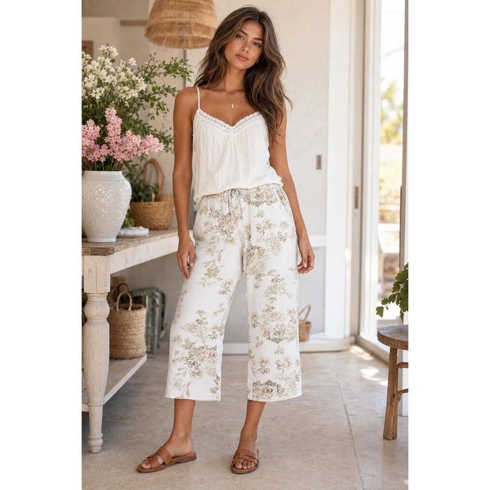 Gap Body Linen Pants Women XS Beige Floral Wide Leg Crop Drawstring Boho Coastal